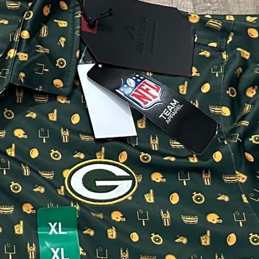 Antigua NFL Green Bay Packers XL Signal Polo Shirt Green Gold All Over Print NWT